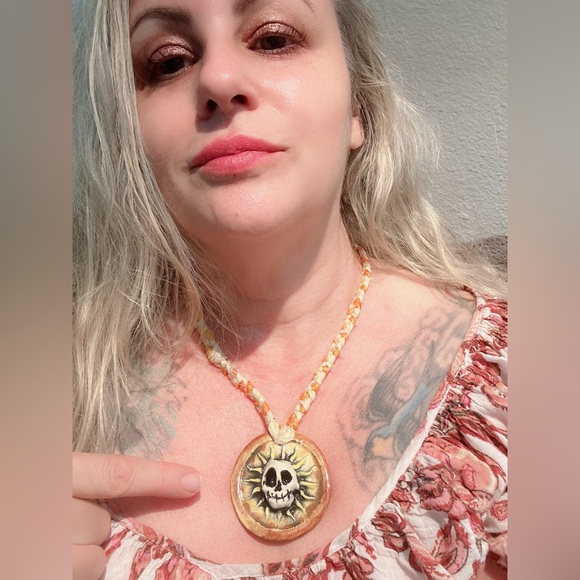 Sculpted Ceramic Skull Necklace with Recycled Silk and Crystal Adjustable Length - Picture 10 of 11